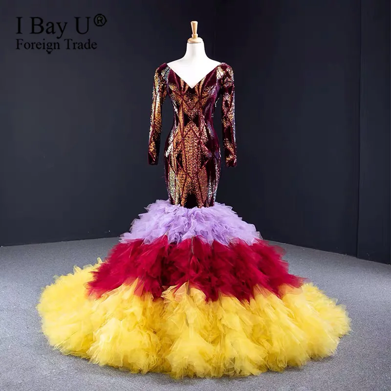 Разноцветные пышные ярусные Свадебные платья со шлейфом и длинными рукавами в