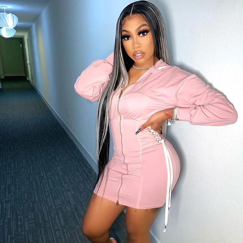 Соблазнительные толстовки на молнии с длинным рукавом мини-платье Женский