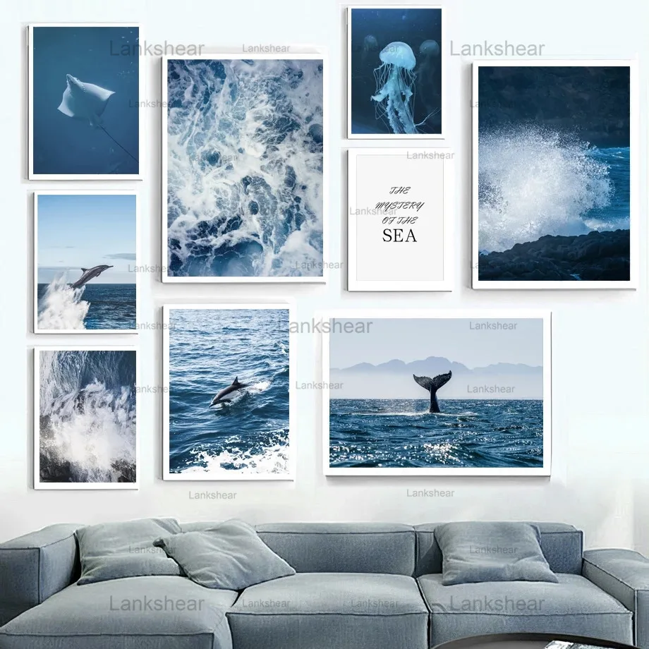 

Blue Ocean Canvas Painting Whale Dolphin Quote Sea Animal Wall Art Nordic Posters and Prints Living Room Frameless Home Decor