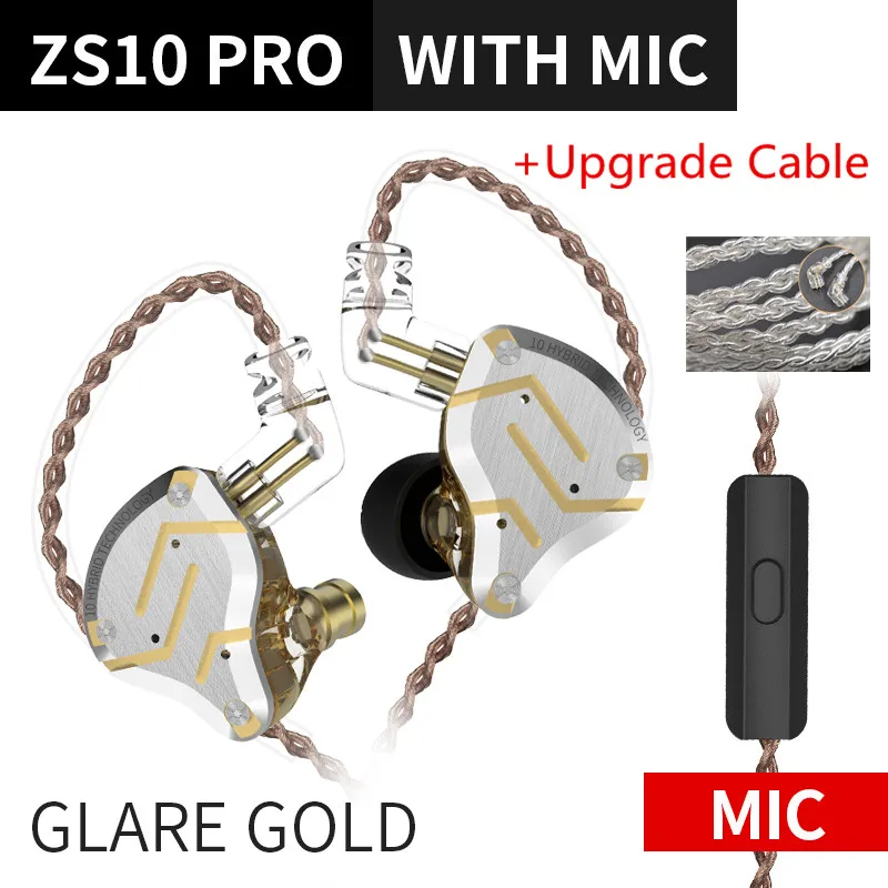 Glare gold mic Sil KZ ZS10 PRO 4BA+ 1DD гибридная Hi-Fi металлическая гарнитура наушники-вкладыши Спортивная гарнитура с шумоподавлением AS10 AS16 ZST ZSN ES4 T2 ZSX C12 - Цвет: Glare gold mic Sil