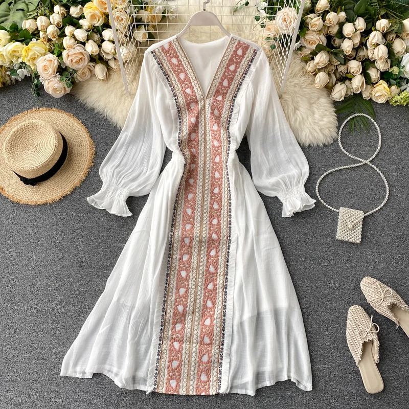 Винтажное длинное платье из хлопка с цветочной вышивкой Элегантные Осенние