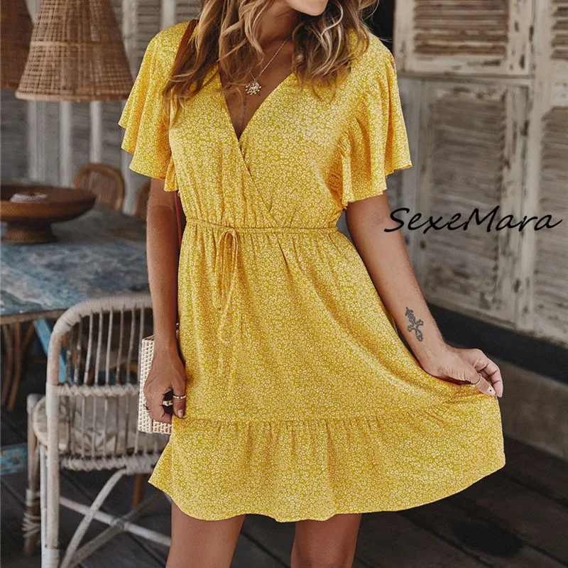 

Женское Повседневное платье с принтом, свободное мини-платье с V-образным вырезом и рукавами-бабочками, лето 2020