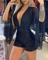 women sexy plunge sheer mesh sequins patchwork skinny rompers