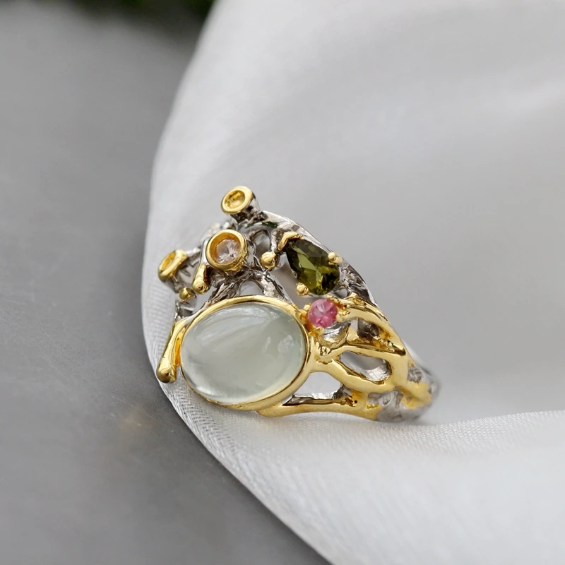

Authentic 925 Sterling Silver Rings Fashion Women Retro Style Charm Inlaid Natural Prehnite Rings Party Fine Jewelry Gift