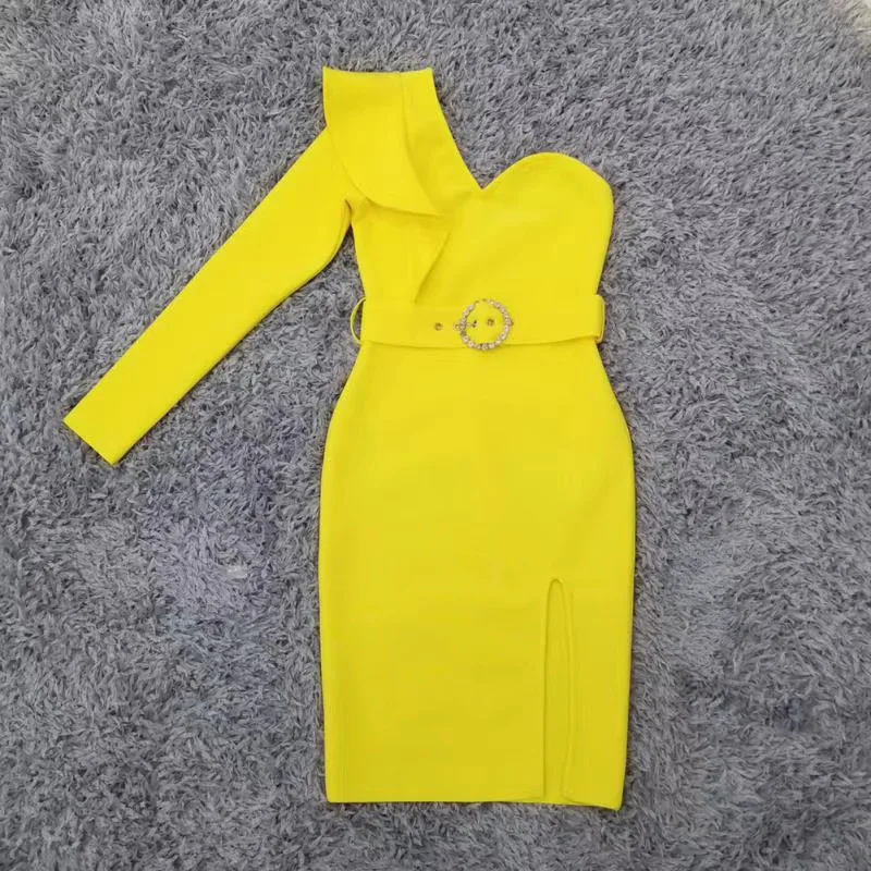 

New Women Sexy Designer Ruffles Long Sleeve Yellow Bandage Dress Ladies Elegant One Shoulder Bodycon Party Dress 2020 Vestido