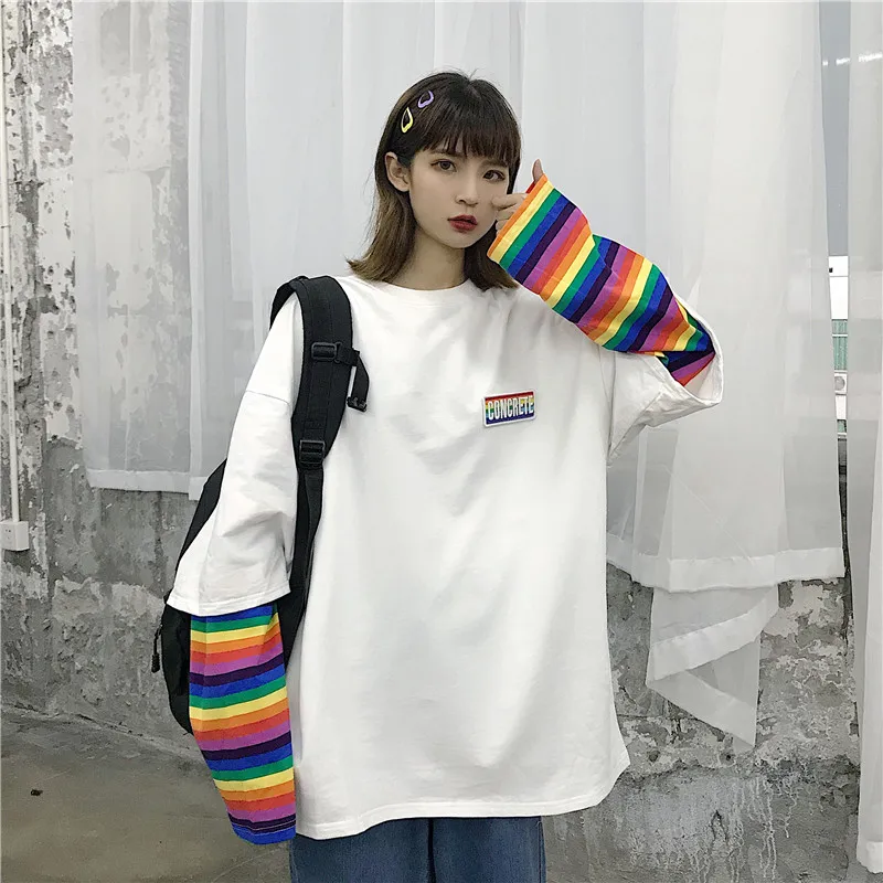 

Patchwork Rainbow Stripe T-Shirt Women Spring Fake Two pieces Long Sleeve Oversize Harajuku Tees Female Casual Base Tops 2021