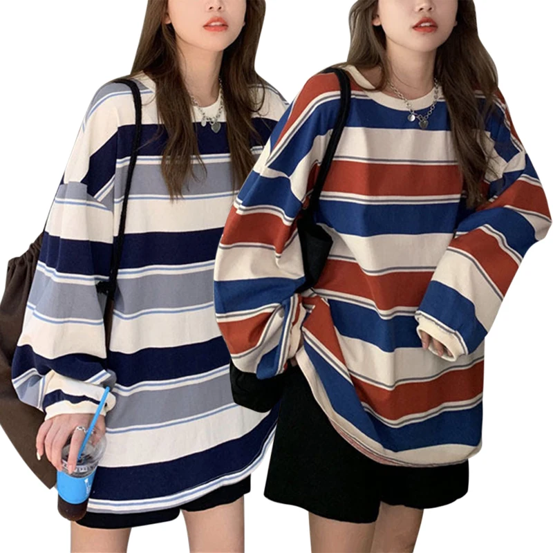 

Женский свитер в клетку, свободная однотонная блузка в полоску с круглым вырезом, в Корейском стиле, несколько цветов, средней длины