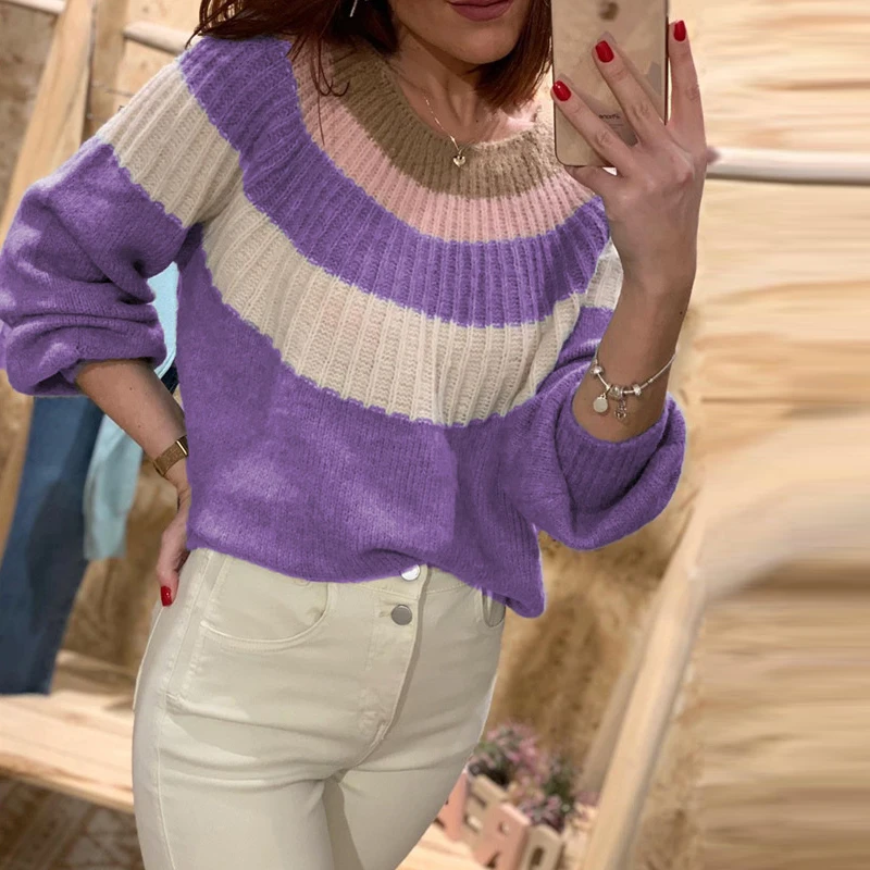 Длинные рукава с круглым вырезом для женщин свободные элегантные трикотажные в