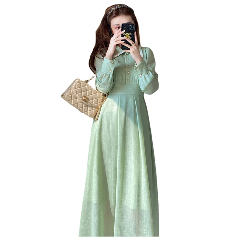 

2021 new women's dress spring and autumn waist streamer green pearl lace long sleeve doll collar dress