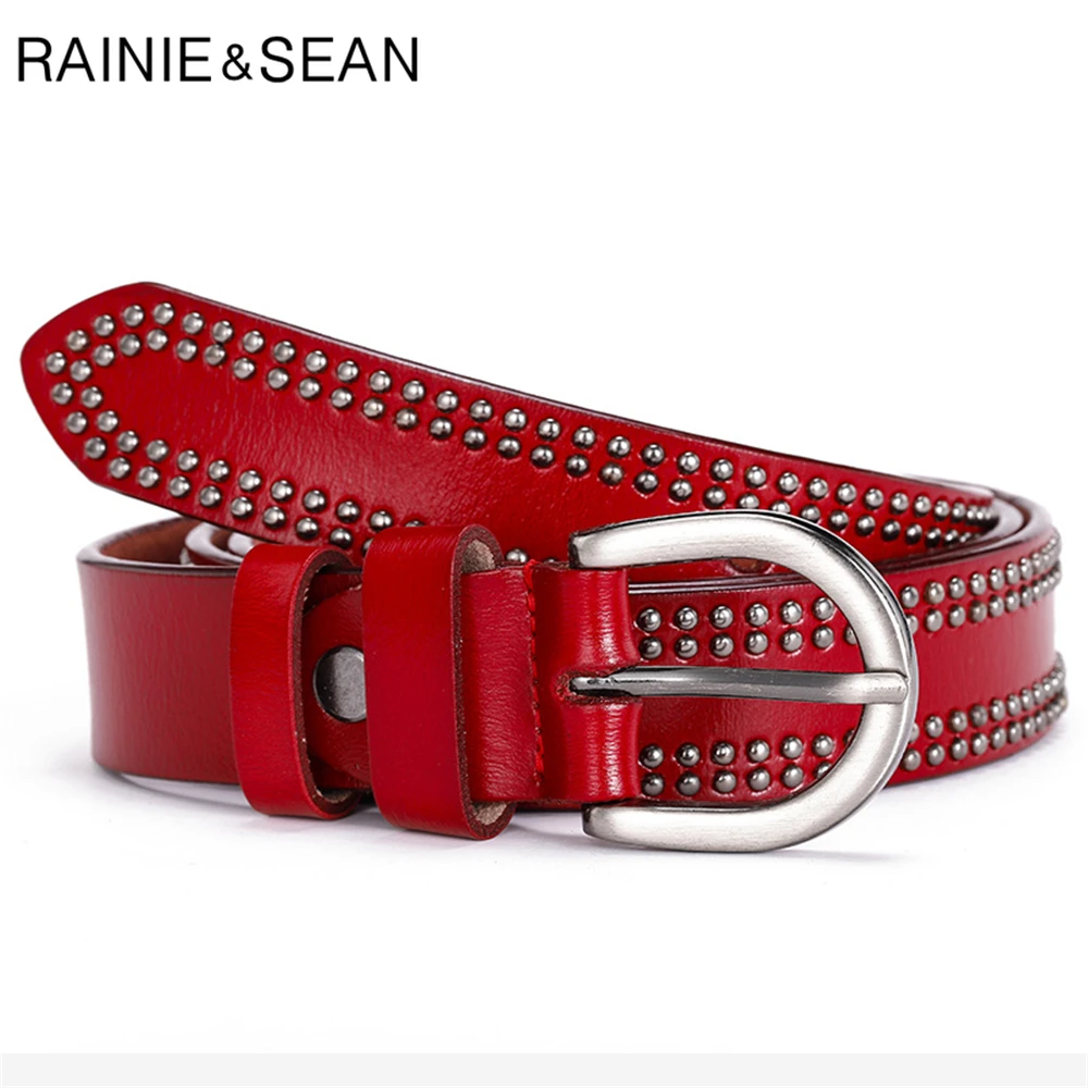 

RAINIE SEAN Punk Rivet Women Genuine Leather Belt Pin Buckle Red Ladies Trouser Belt High Quality Brand Rock Waist Belts 115cm