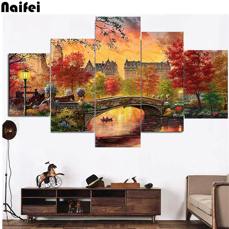 Алмазная 5D Вышивка сделай сам 5 панелей Осенний пейзаж деревья мост