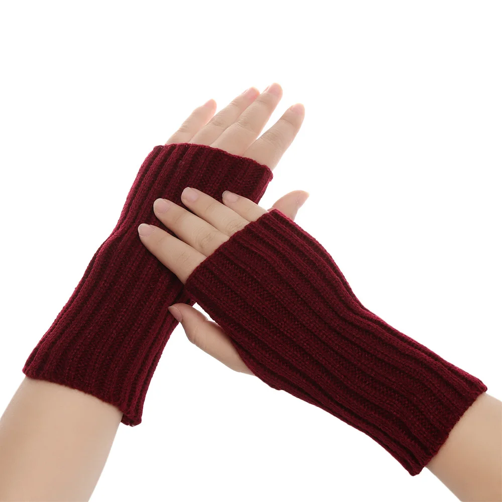 1 Pair Fashion Autumn Winter Spring Warm Women Ladies Girl Solid Gloves Arm Warmer Long Fingerless Xmas Knitting Wool Mittens - Цвет: Style3-wine red