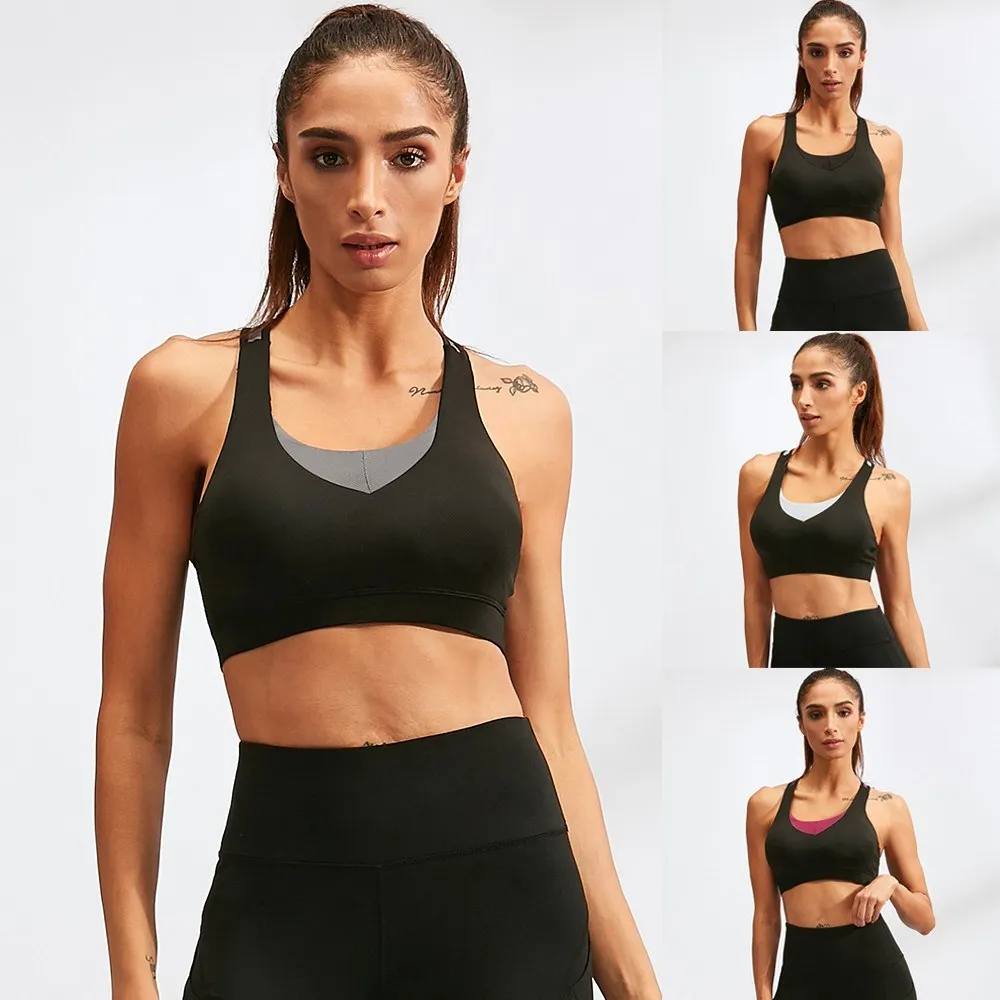 

Fashion Fitness Women Yoga Bras Tank Top Workout Vest Backless Racerback Splice Color Running Gym Push Up Sport Brassiere