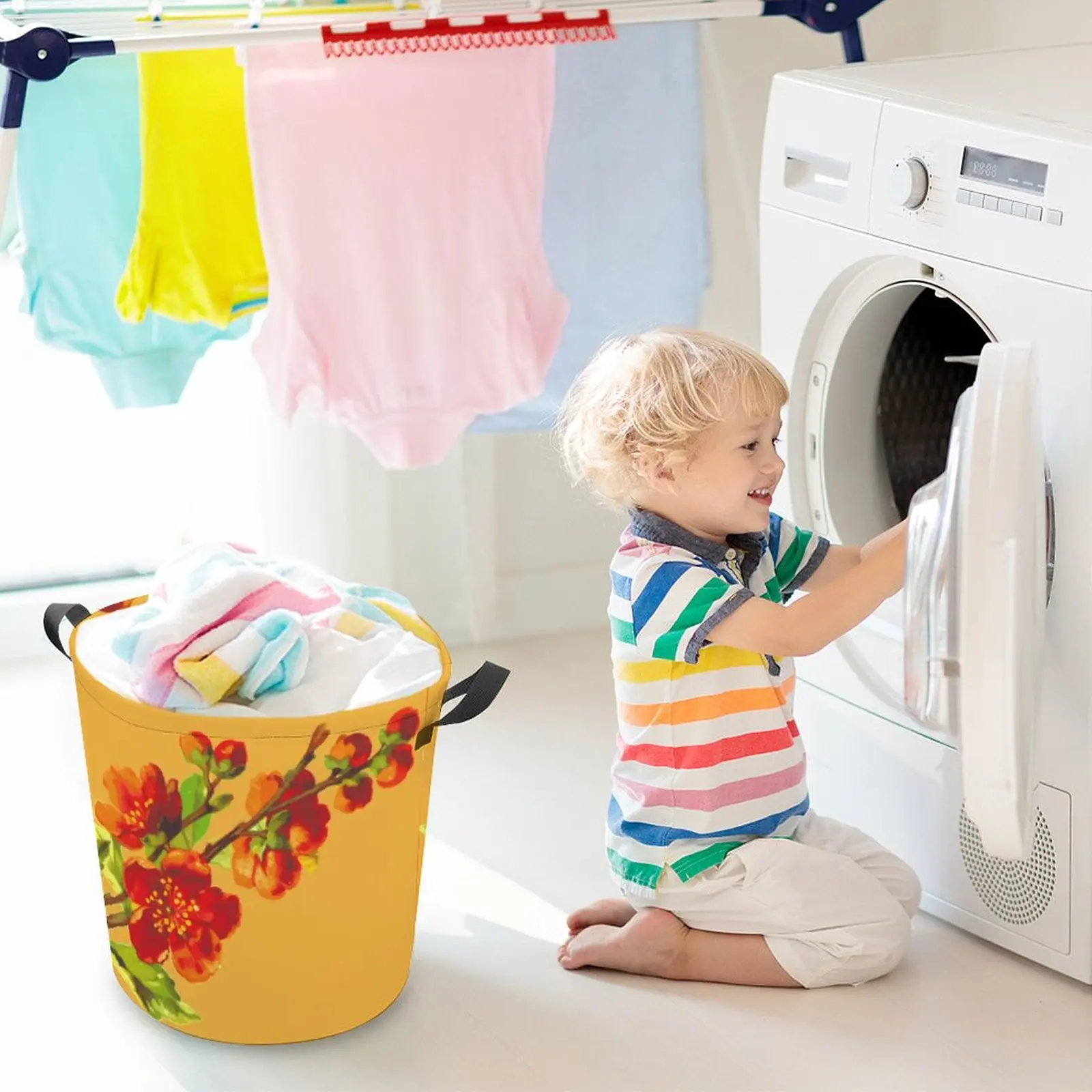 

Folding Laundry Basket Round Storage Hamper Large Capacity Finishing Orgnizer Children Sundries Bag Toy Box Flower