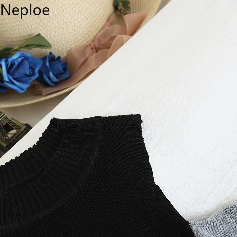 Neploe Sexy Off Shoulder Knit Bottom Sweater Contrast Color Patch Slim Pull Femme Hiver O Neck Long Sleeve Winter Clothes 48262 Женская
