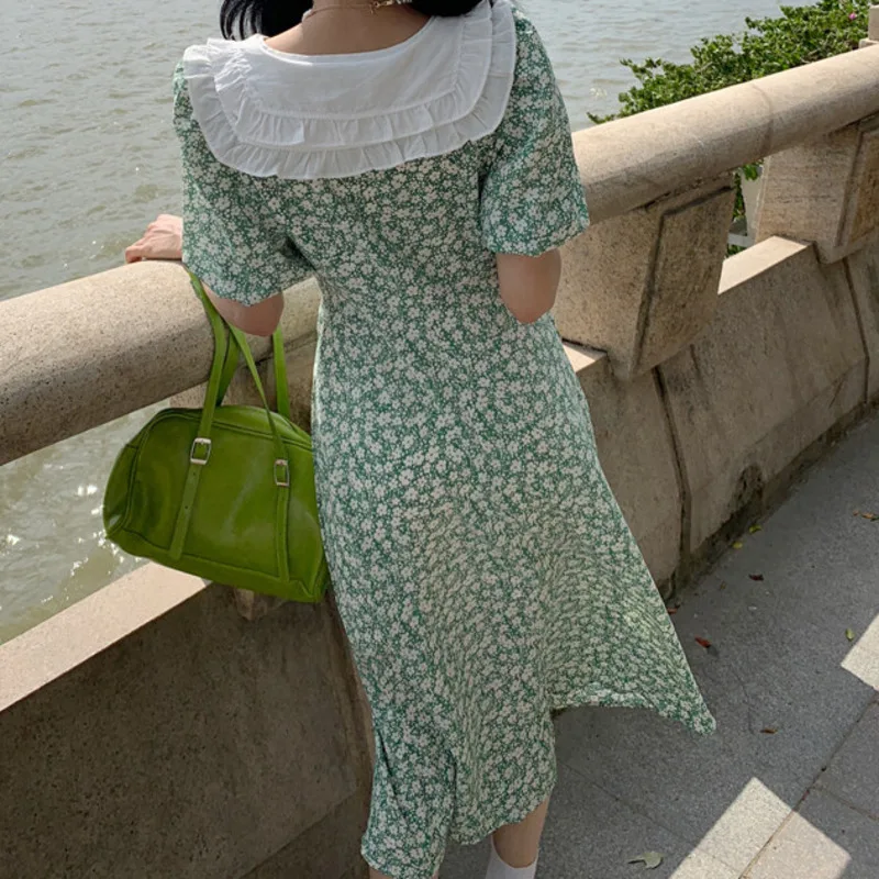 

Patchwork Doll Lapel Floral Bubble Sleeve Maxi Dress Femme Summer Vintage Slim Printing Strappy Dress Vestidos Mujer Verano 2021