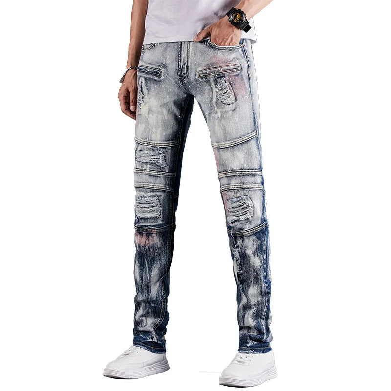 

New Men's Male Patchwork Ripped Biker Jeans Vintage Holes Distressed Slim Straight Stretch Denim Pants Painted Trousers 1932