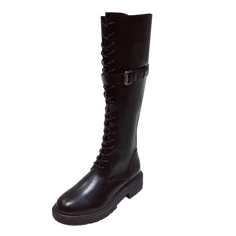 

winter 2020 British New strap leather boots belt buckle Fall women's boots thick heel high cylinder Knight boots army horse