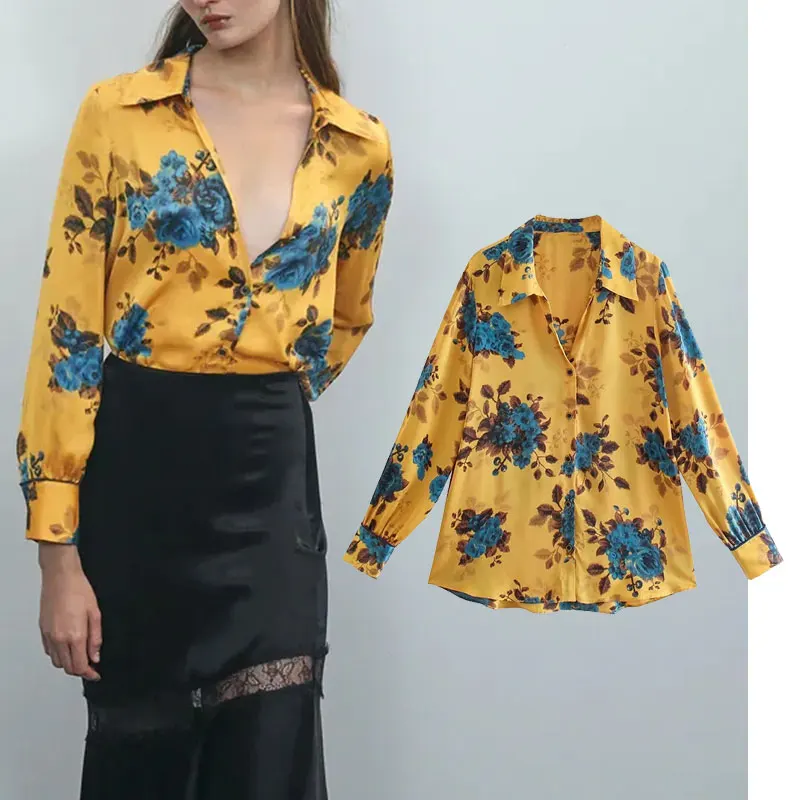 

Женская рубашка с цветочным принтом Za, винтажная Повседневная Блузка на пуговицах с длинным рукавом, осень 2021