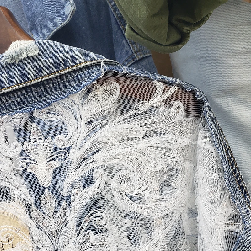 Cakucool Denim jacket Autumn vintage ethnic mesh embroidery holes loose coat fairy chic Outerwear jaqueta fashion women 2020 | Женская