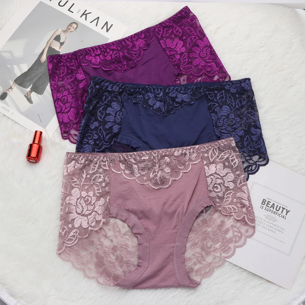 Fashion Women's Cotton Underwear Panties Sexy Lace Mid-Waist Hollow Female Briefs Hip Lift Underpant For Lady Plus Size Lingerie | Женская