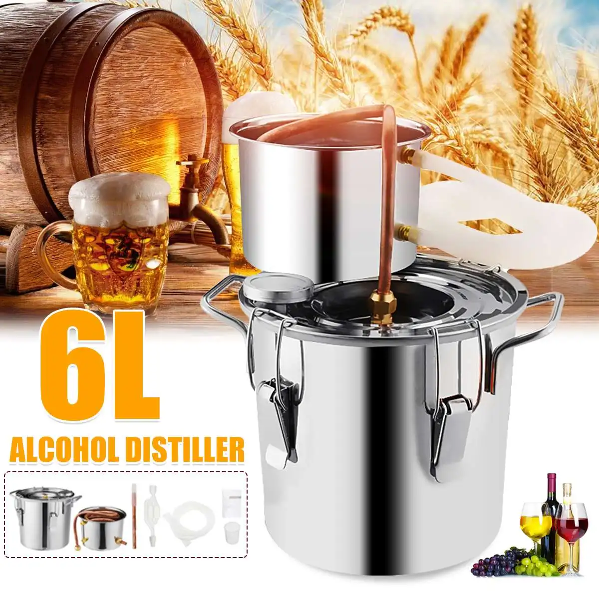

6L Distiller Moonshine Still Alcohol Distiller Still Stainless Copper DIY Home Brew Water Wine Brandy Essential Oil Brewing Kit