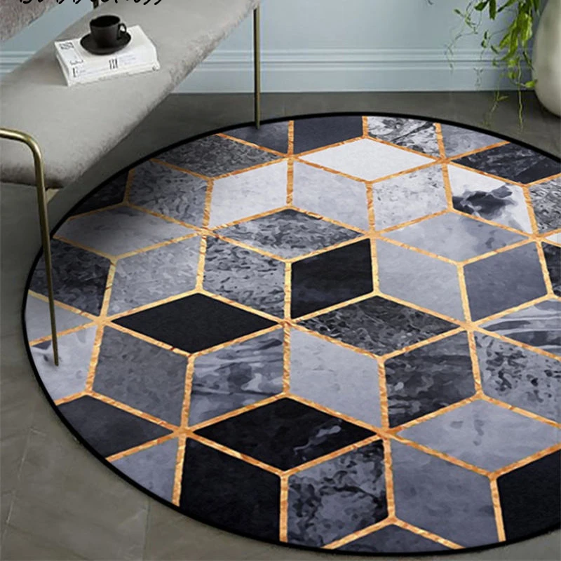 

Nordic Style Black Gold Square Pattern Round Carpet Home Living Room Decor Floor Mat Polyester Rug for Children Room
