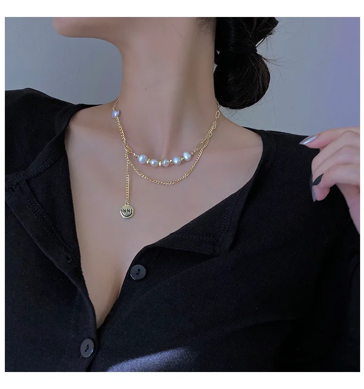 

COWBREAD Luxury Necklace for Women Natural Pearl Necklace Smiley Face Niche Design Sense Women's Jewelry