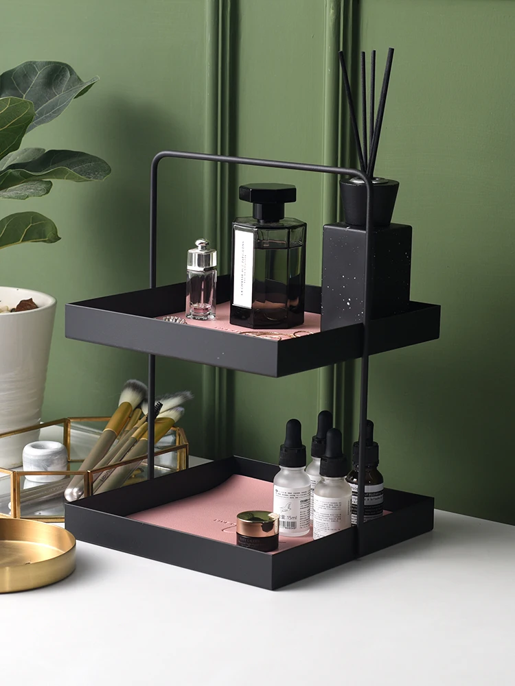 

Nordic Home Wrought Iron Adn Leather Double-layer Storage Tray Jewelry Display Plate Vanity Organizer Sundry Plate Ring Holder