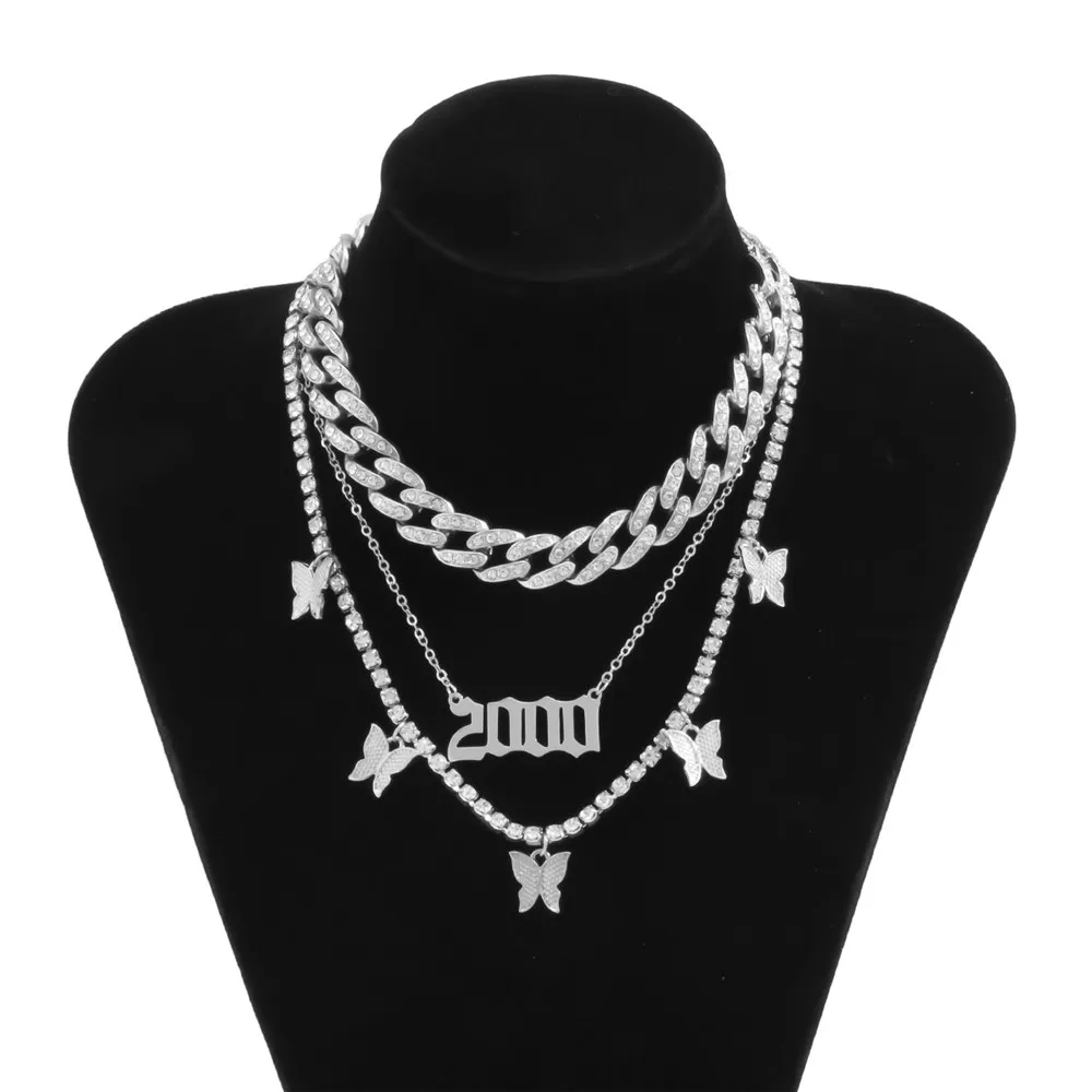 

Cosysail 3Pcs/Set Shiny Rhinestone Butterfly Pendant Necklace Set Cuban Chunky Chain Choker Necklace for Women Party Jewelry