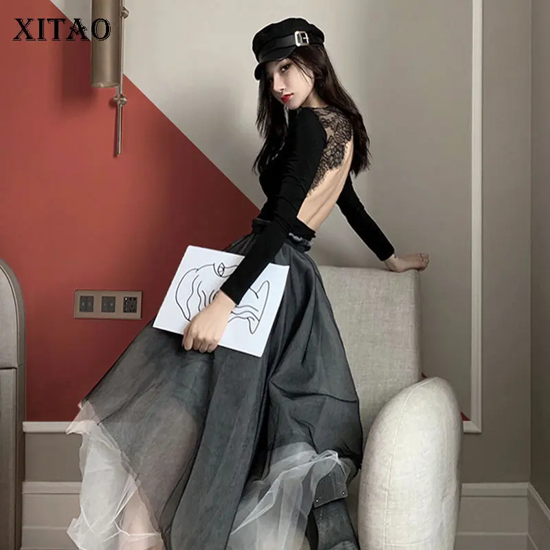 Сексуальная футболка с открытой спиной XITAO кружевная простроченная