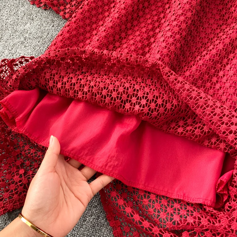 

New Fashion Retro Hollow Out Lace Dress Female V-neck Ruffled Slim Mid-length OL Work Wear Dresses Women Vintage Party Vestidos