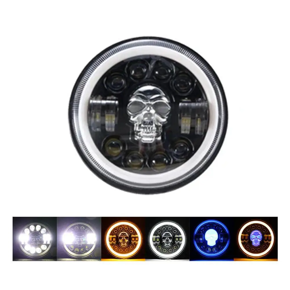 New 7In 12V Skeleton LED Headlights DRL Hi/Lo Beam H4 180W Halo Ring Amber Angel Eye For Jeep Wrangler UAZ Hunter | Автомобили и