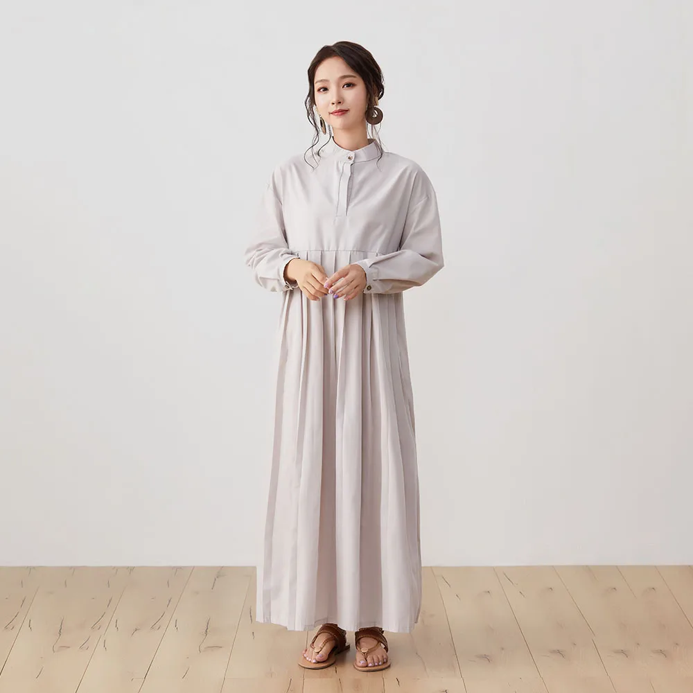 

Dress A-line Long Solid Color 2020 New Autumn High Waist Warm Wear Fashion Casual Stand-up Collar Round Neck Pleated Slim Loose
