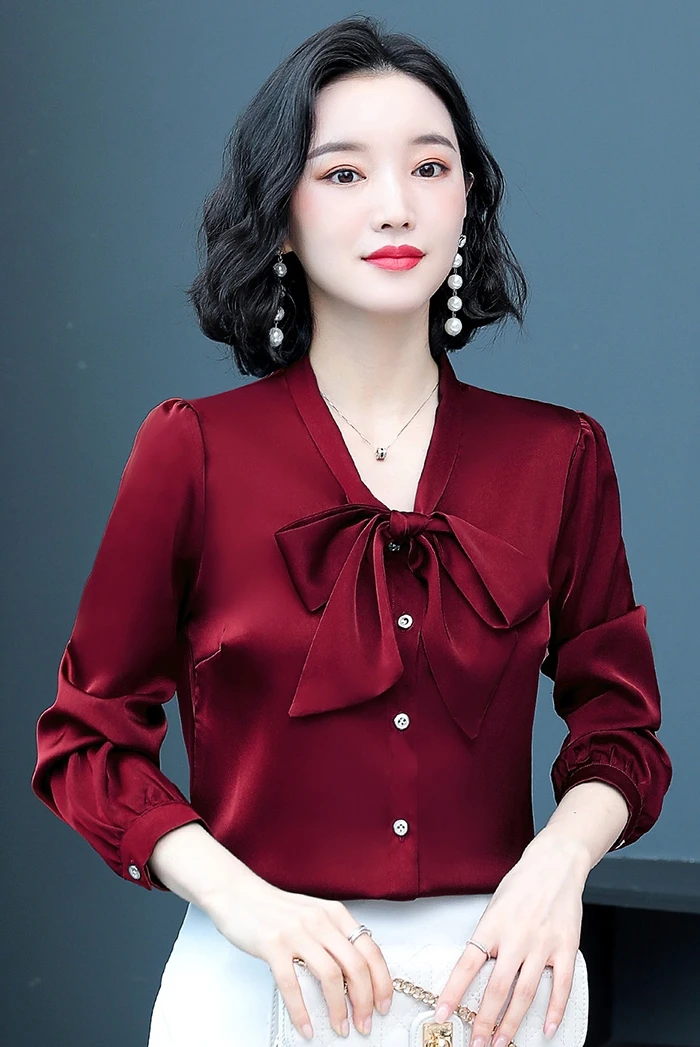

Houthion Silk Slim Women's Blouses New Casual Blouse Solid Color Bow Buttons Shirt Spring/autumn Fashion Long Sleeve Top