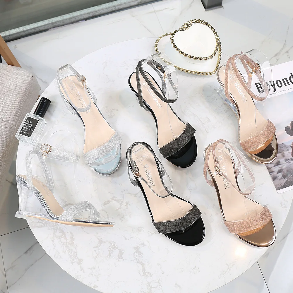 

Sweet Party Office Pumps Shoes Sexy Open Toe Sequins Ankle Straps Women High Heels Summer PVC Transparent Wedges Ladies Sandals