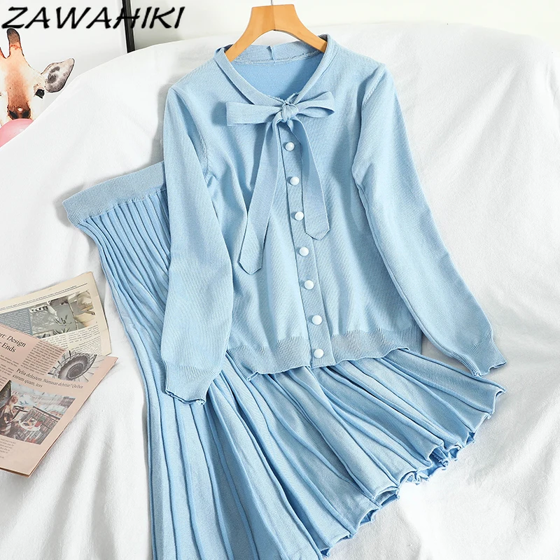 

ZAWAHIKI Solid Elegant Long Sleeve V Neck Bow Knit Cardigan High Waist Slim Fashion Autumn Sweater Pleated Skirt Woman Suit