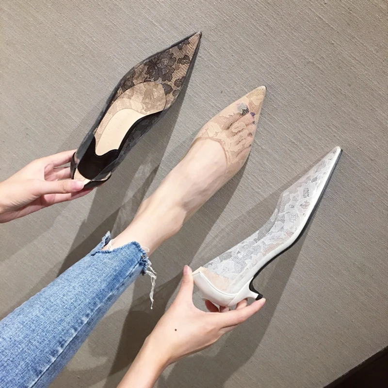 

Fashion Pointed Toe Pumps Transparent Lace Flower Patterned Thin Low Heels Slip On Casual Women's Shoes Single Pumps Loafers