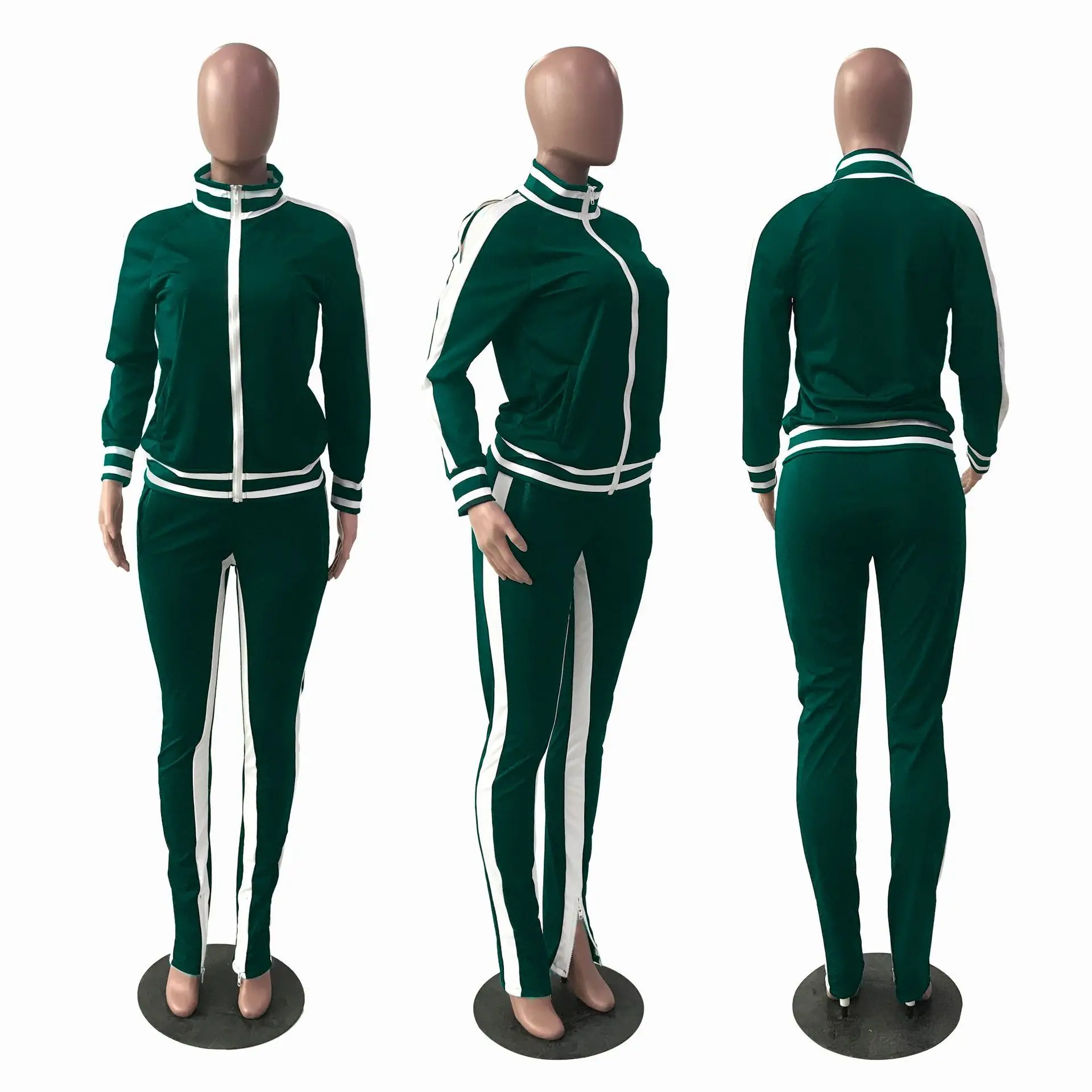 

Autumn new fashion solid color sports two piece casual V-Neck long sleeve zipper coat and trousers women's suit