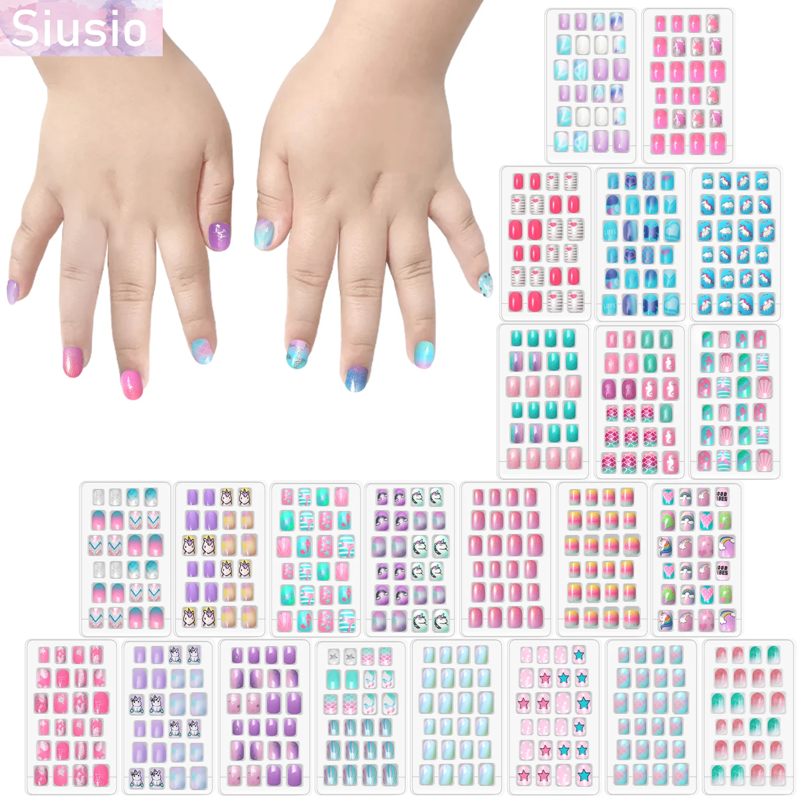 Детские накладные ногти 24 шт. с градиентом единорог блестящие радужные короткие