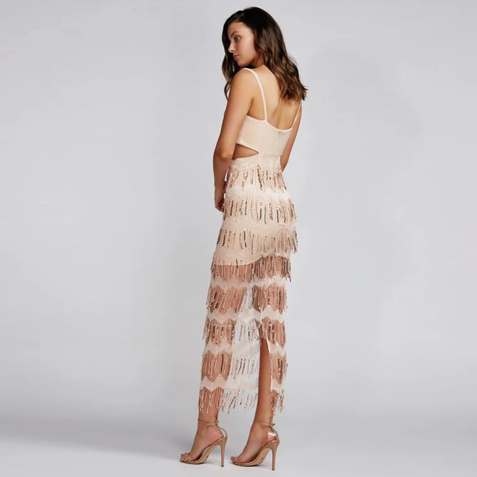 ADYCE, Новое поступление, женские наборы с блестками, Vestidos,, 2 предмета, набор на тонких бретелях, топ с кисточками, вечернее платье в стиле знаменитостей