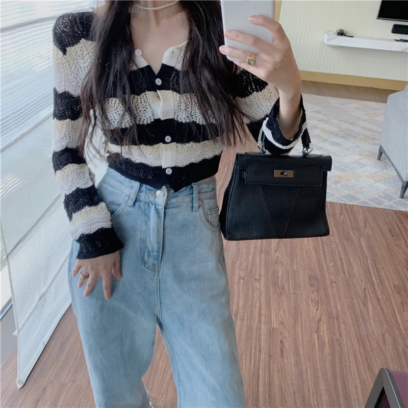 

Kimotimo Summer Striped Knit Cardigan Women V-neck Temperament Long-sleeved Color Matching Thin Sweater Korean Fashion Clothes