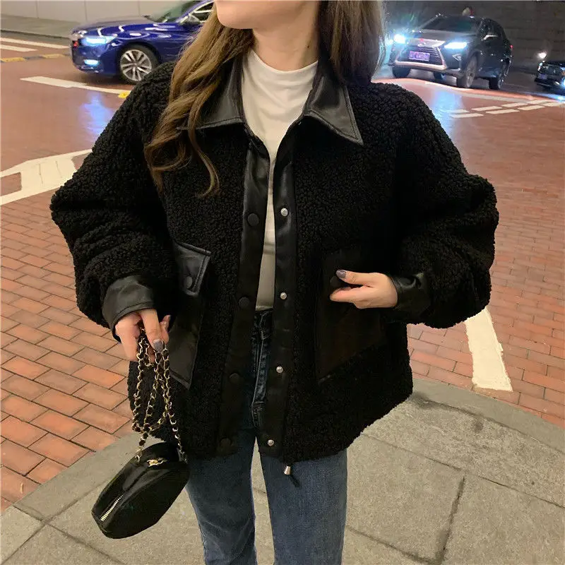 

Anbenser Women's Leather Jacket Corduroy Stitching Autumn and Winter new Korean style loose short Motorcycle LeatherJacket Trend