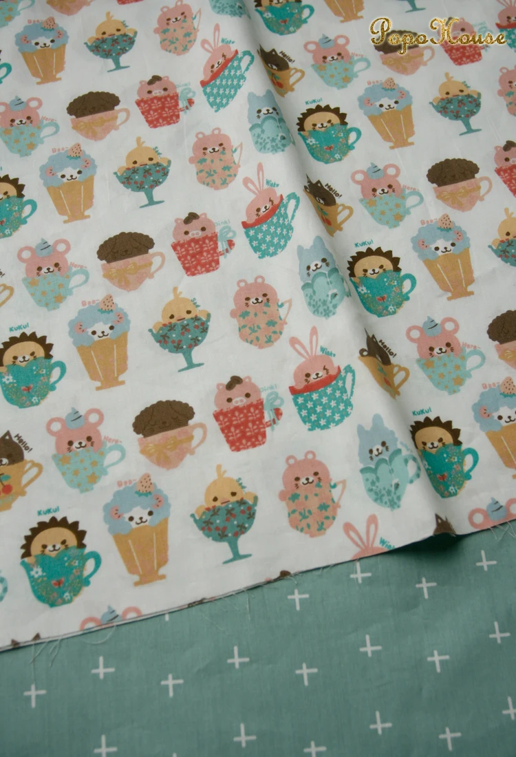 160x50cm Afternoon Tea Cake Rabbit Gray Green Twill Cotton Fabric Making Dress Children's Clothing Apparel DIY Cloth - купить по