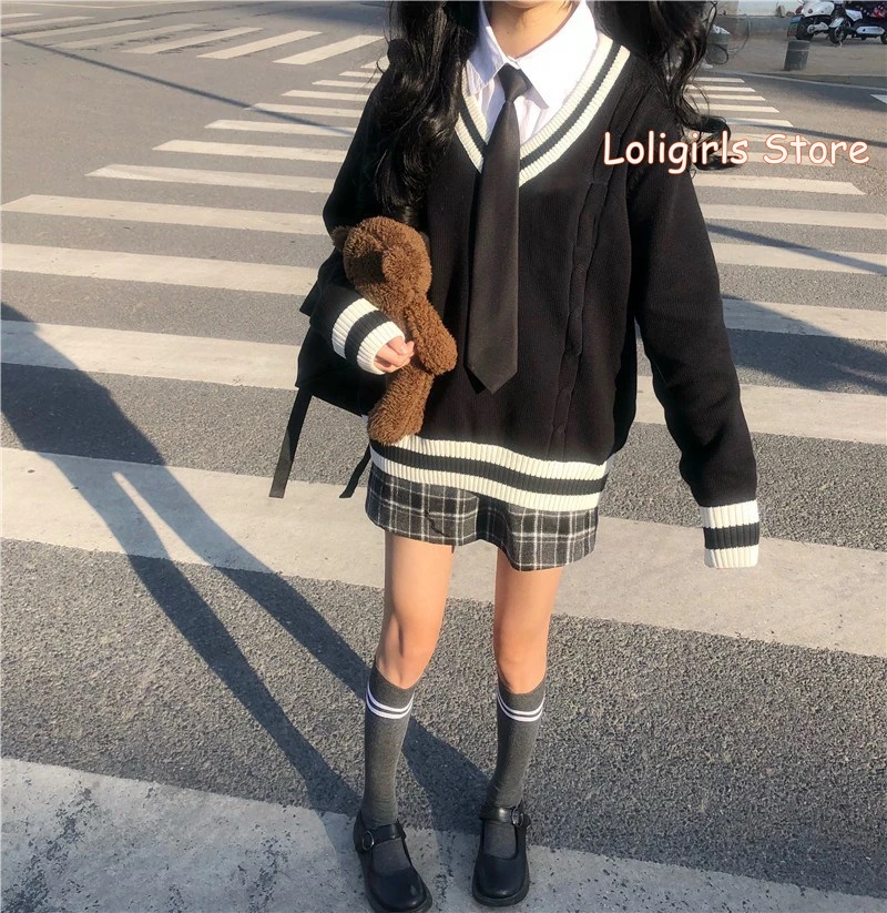 

Women Loose V-neck Sweater Long-sleeved Girls Student Casual Harajuku Japanese Autumn Winter ins pullover Tops College style