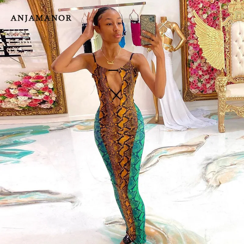 

ANJAMANOR Snakeskin Print Backless Maxi Dress Sexy Cute Birthday Outfits for Women Party Night Clubwear Bodycon Dress D85-CE24
