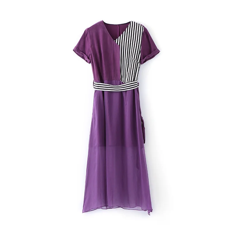 

Real Silk Dress Summer Dress Women Korean Fashion Spliced Midi Dress Elegant Vintage Party Dress Vestidos Mujer 92409-B YY2930