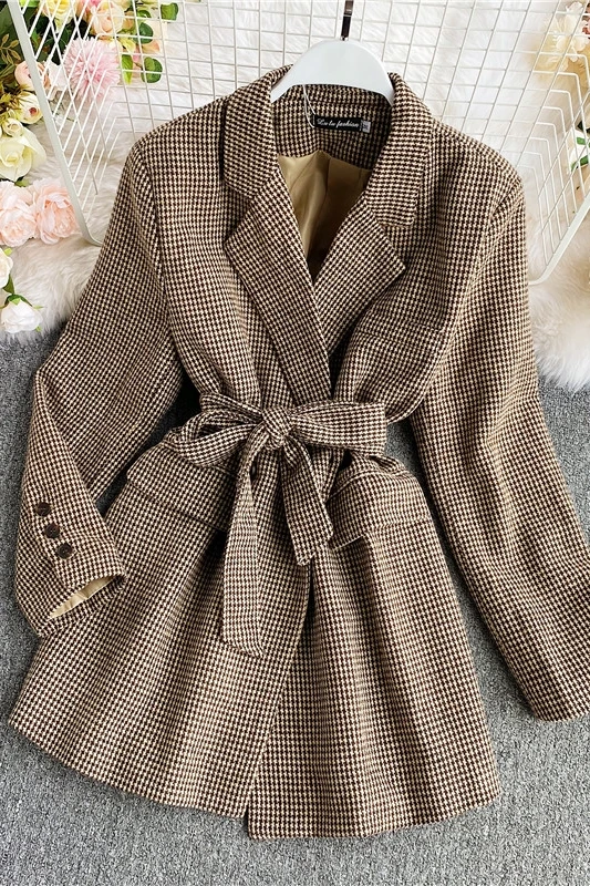 

2021 South Korea hic retro lapel houndstooth suit jacket women's mid-length lace-up waist slim suit jacket