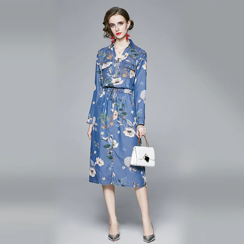 

WOMAN FASHION DRESS V-neck mid-length A-line skirt with Tencel zipper denim fabric floral print for casual women's dresses