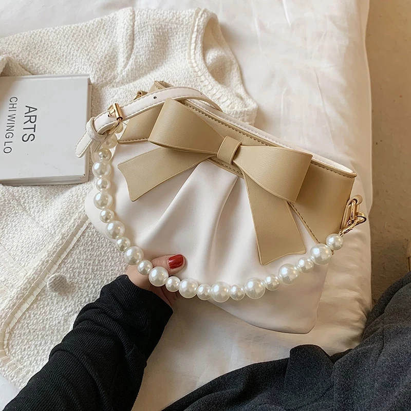 

Bow Pleated Small Totes with Pearl Handle 2021 Summer New PU Leather Women's Designer Handbag Pearl Chain Shoulder Messenger Bag